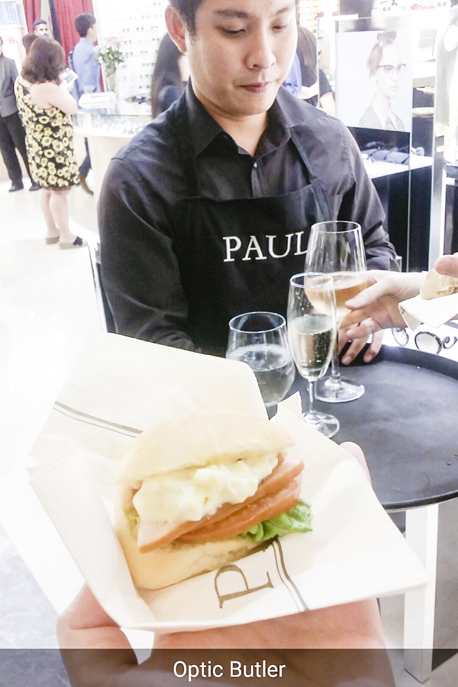 Sandwich, champagne from Paul at the Her World x Optic Butler Event, Paragon, Singapore.