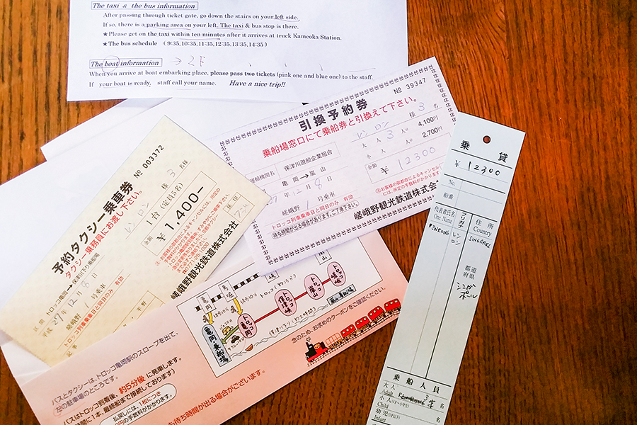 Tickets for the Sagano Romantic Train above the Hozugawa River, Kyoto, Japan.