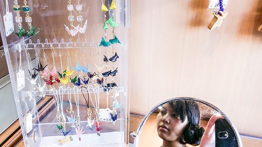 Origami Crane earrings and charms at Nakamise, Asakusa, Tokyo Japan.