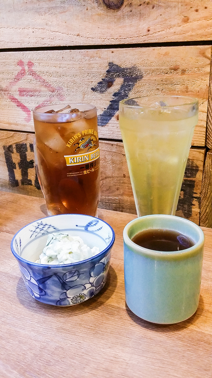 Potato Salad, Beer, Green tea at Isomaru Suisan in Tokyo, Japan.