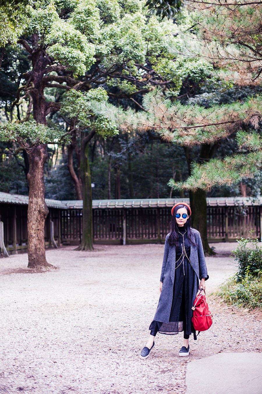 Winter outfit at Meiji Shrine in Tokyo, Japan.