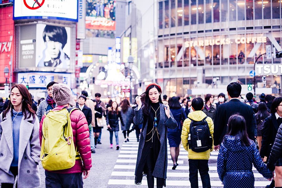 Ren in the middle of the Shibuya crossing, Japan.
