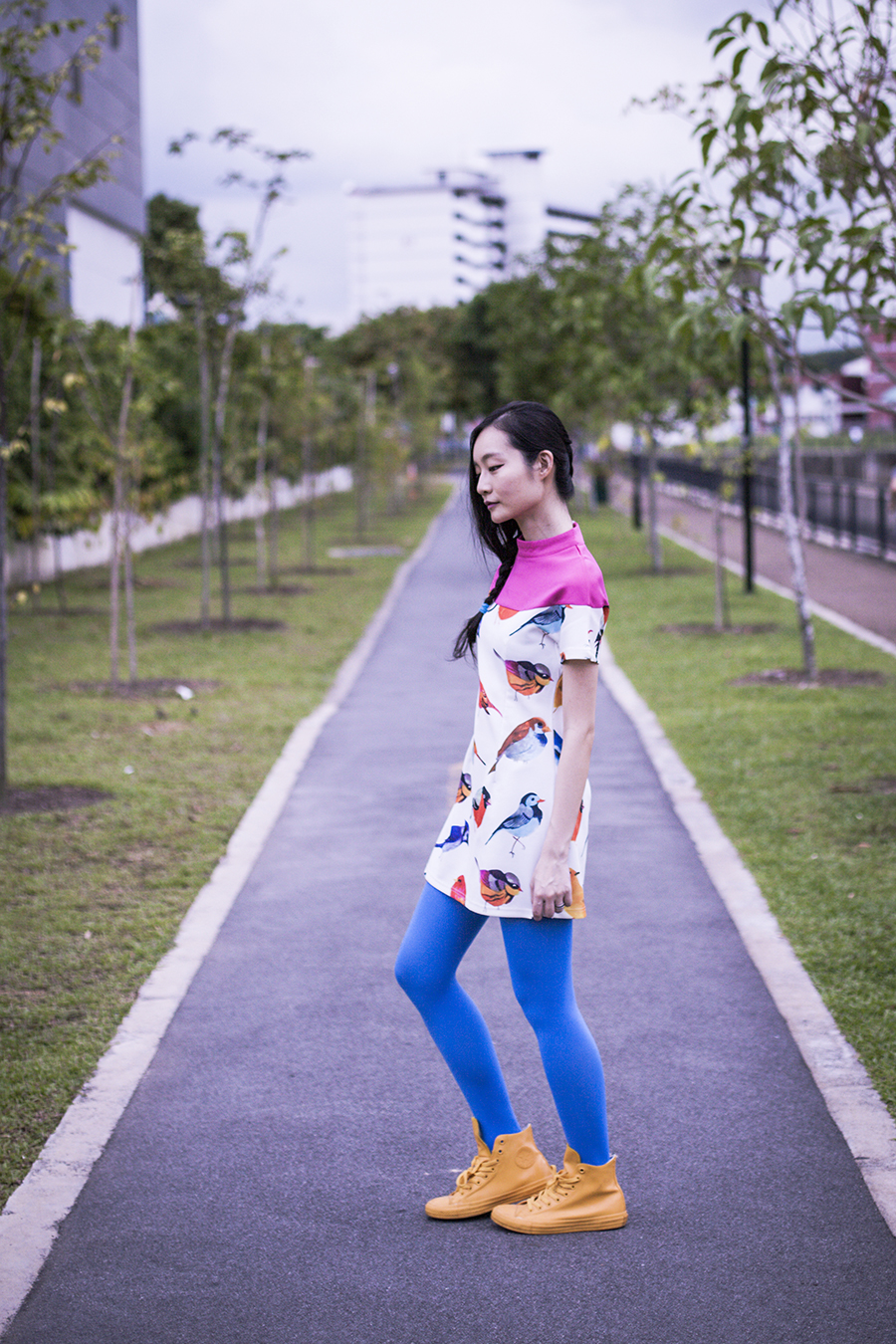 ASOS bird dress, We Love Colors blue tights, Converse yellow rubber chuck taylor sneakers.
