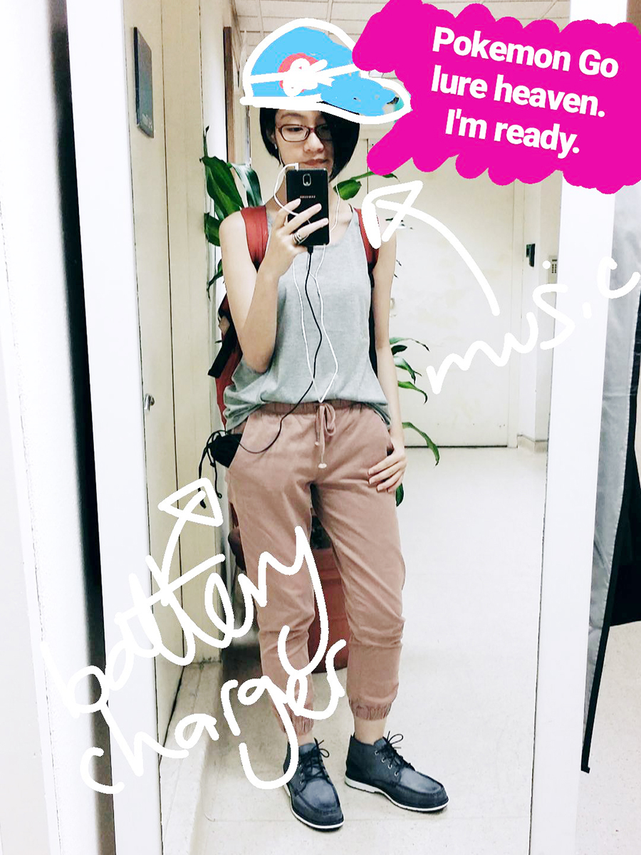 Pokemon Go trainer outfit: Zalora tank top, Cotton On dusty pink jogger pants, Timberland Men's Brewstah Chukka Boots in blue, Firmoo red glasses. 