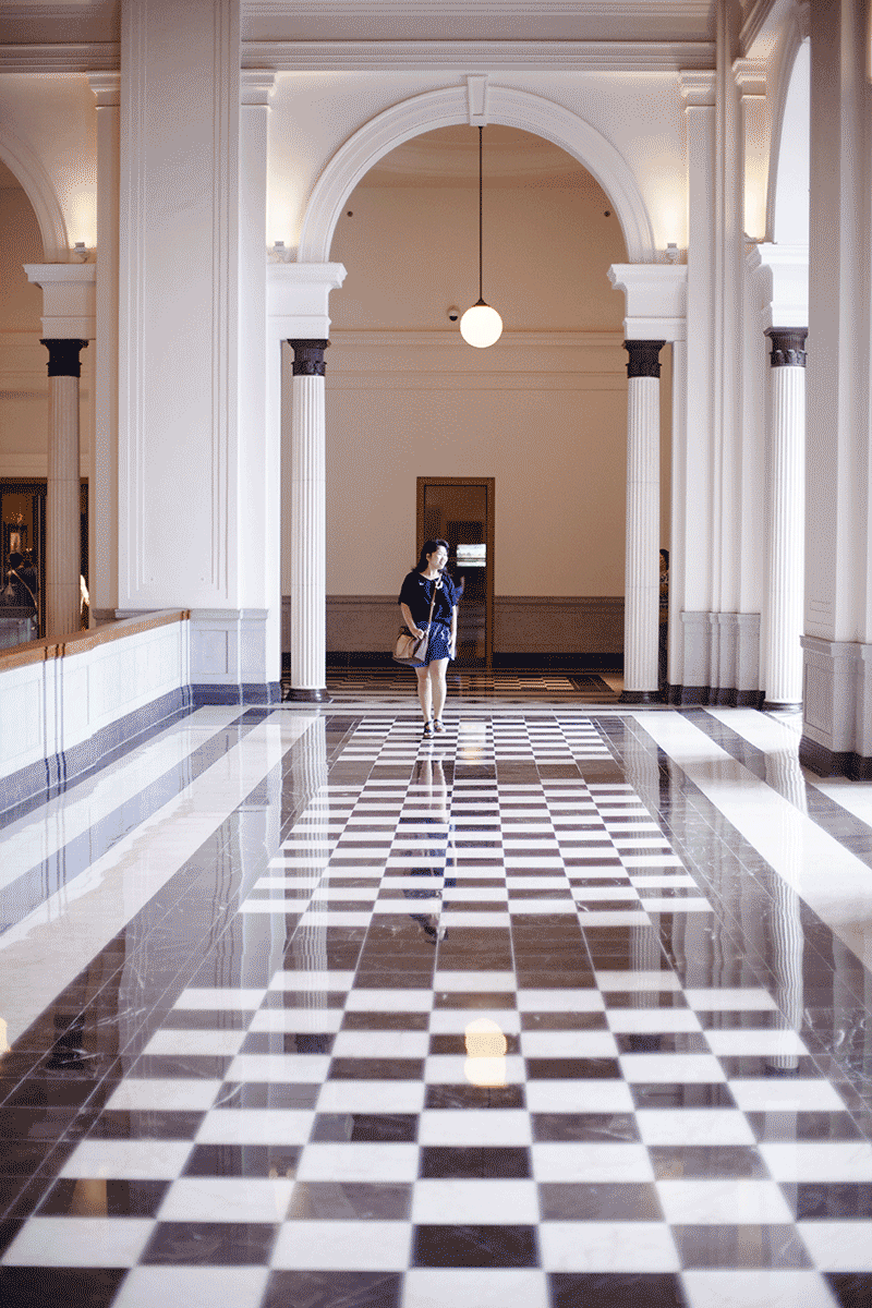 National Gallery Singapore: animated gif of Kooling skipping along the checkered floor.