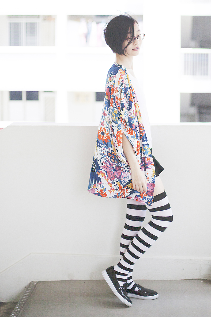 Dresslink floral kimono, We Love Colors black & white striped thigh high socks, Zalora shoes, Firmoo glasses.