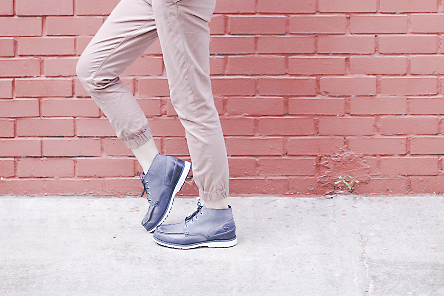 Cotton On dusty pink jogger pants, Timberland Men's Brewstah Chukka Boots in blue.