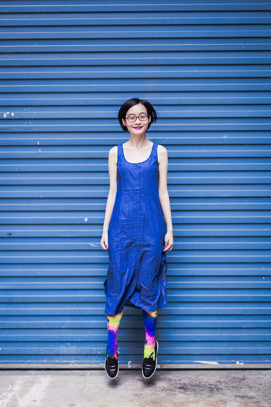 Blue outfit: Zalora Love Button Front Midi Dress, We Love Colors splash color thigh high socks, Zalora black shoes, Firmoo red glasses.