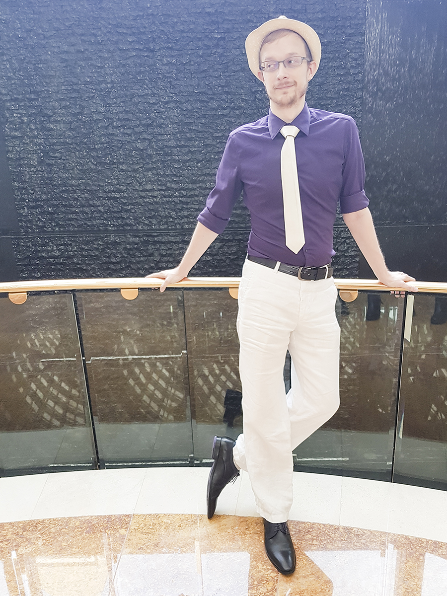 This Guy Ah high tea outfit: G2000 purple shirt, John Master reversible tie, Rad Russel Lace Up Derbies.