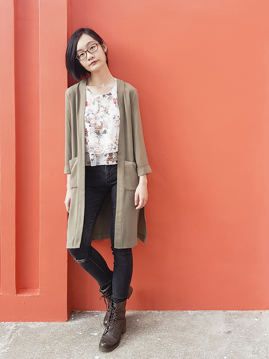 Floral chic outfit: Sammydress floral tank top, H&M olive green cardigan, Uniqlo black ultra stretch denim jeans, Steve Madden dark brown boots, Firmoo red glasses.