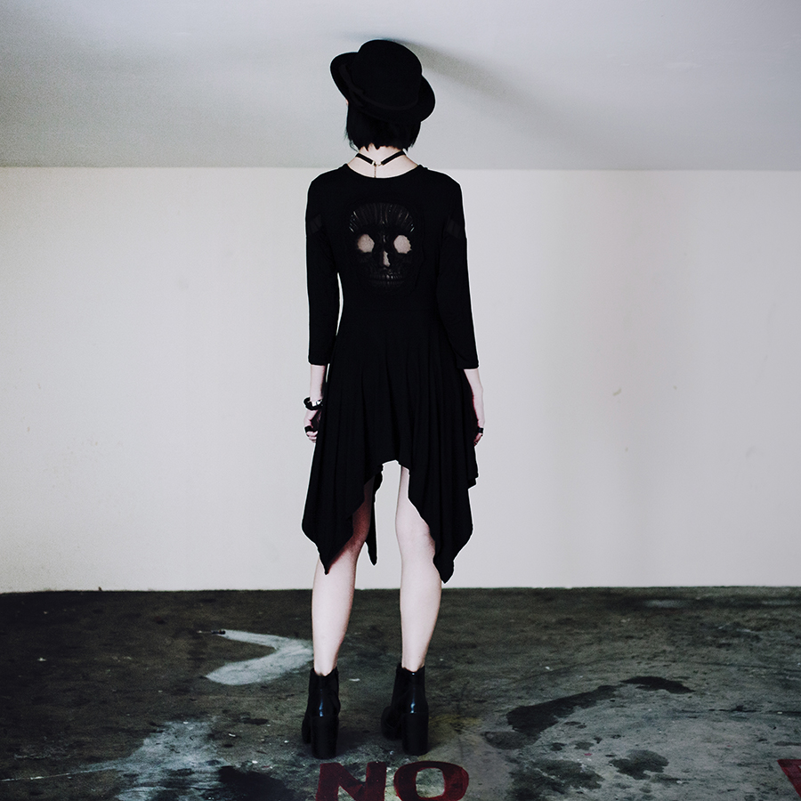 Teenage Angst Halloween Outfit: Dresslily black skull dress, Dresslily eye bracelets necklace, Dresslily rings, Rubi heeled boots.
