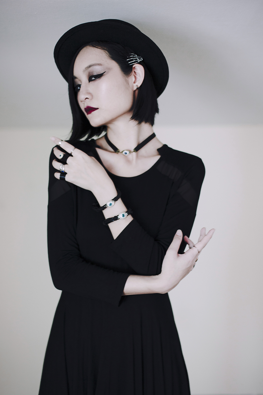 Teenage Angst Halloween Outfit: Dresslily black skull dress, Dresslily eye bracelets necklace, Dresslily rings.
