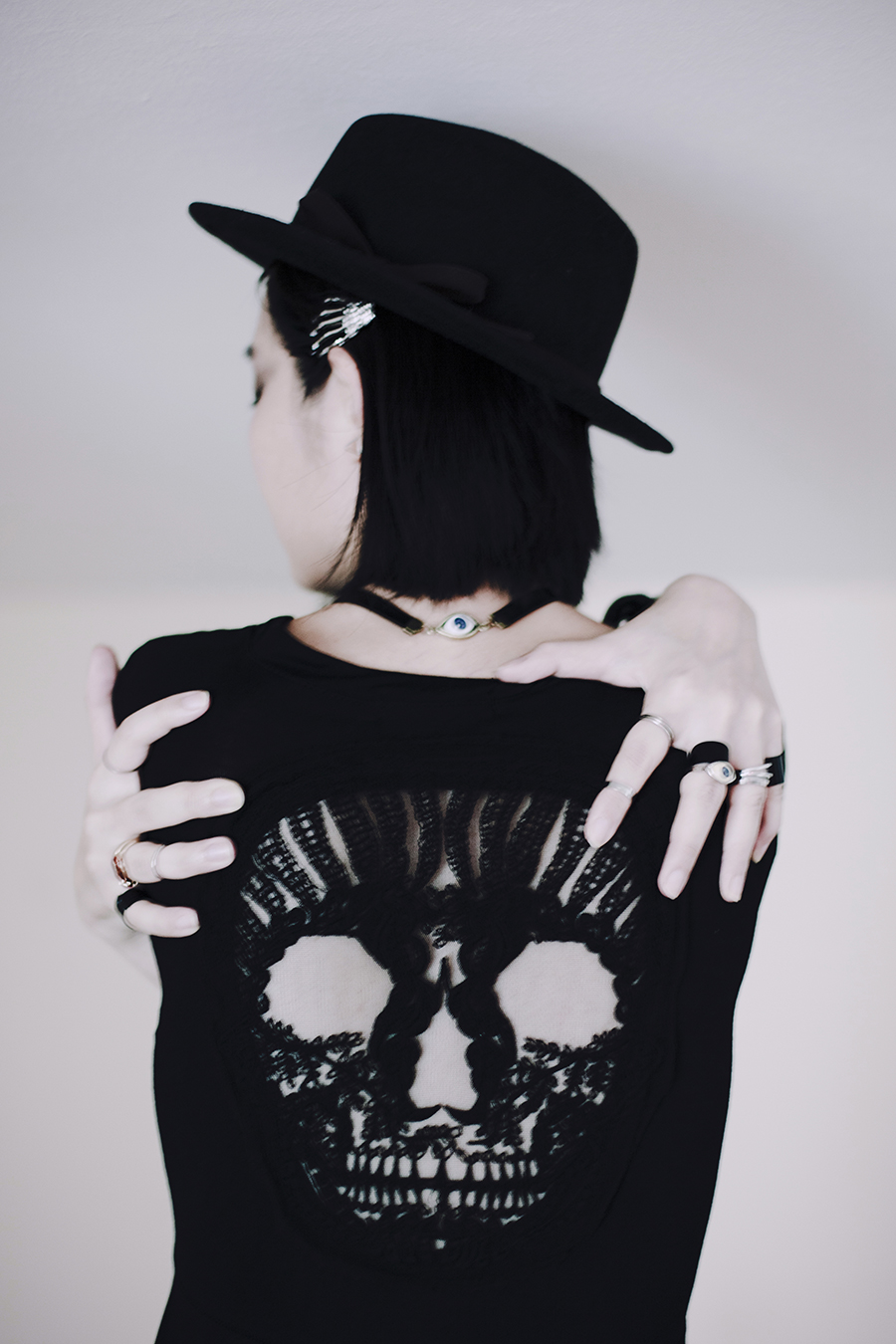 Teenage Angst Halloween Outfit: Dresslily black skull dress, Dresslily eye bracelets necklace, Dresslily rings.