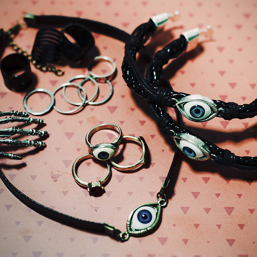 Teenage Angst Halloween Outfit: Dresslily eye bracelets necklace, Dresslily rings
