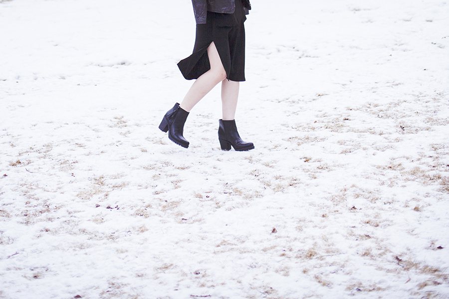 Monochrome winter outfit: P.Rossa black leather jacket, Forever 21 black dress, Uniqlo Heattech top, Steve Madden black tassel heel boots.