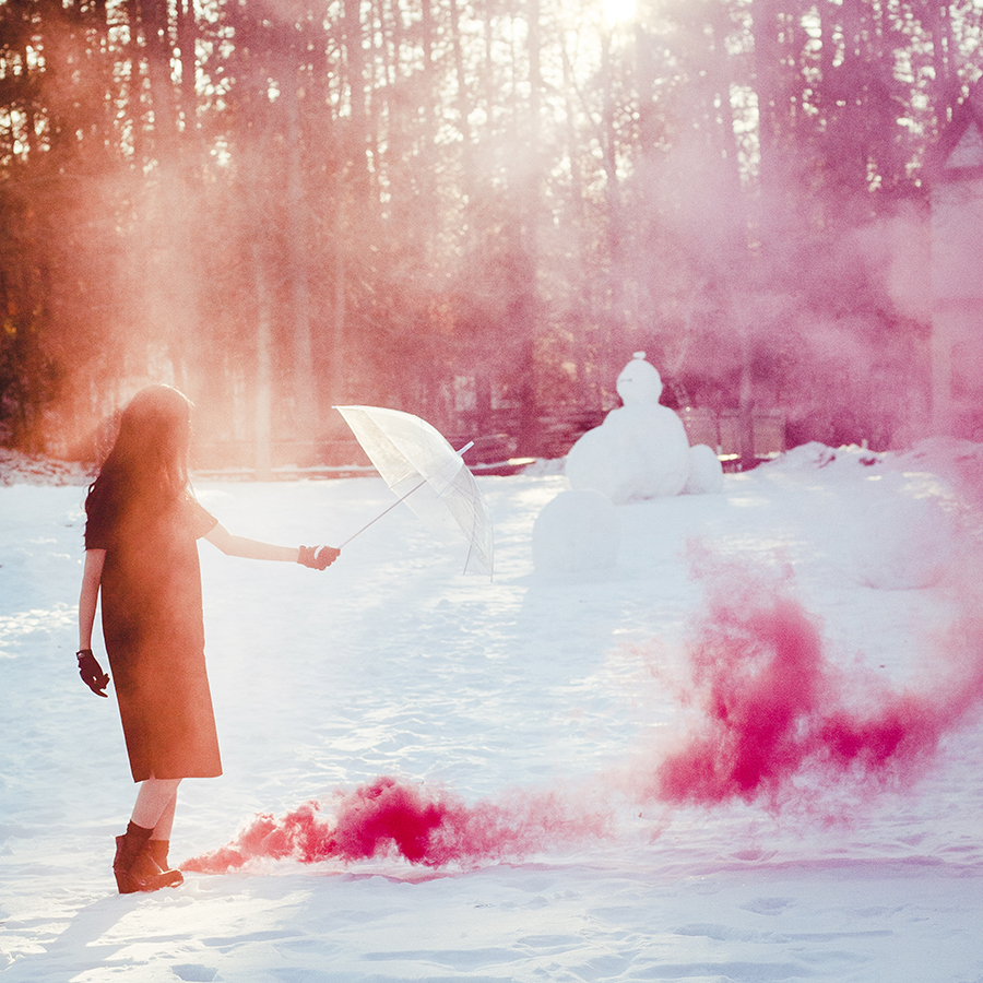 Winter Plumes: Red Enola Gaye smoke bomb in the snow photoshoot.