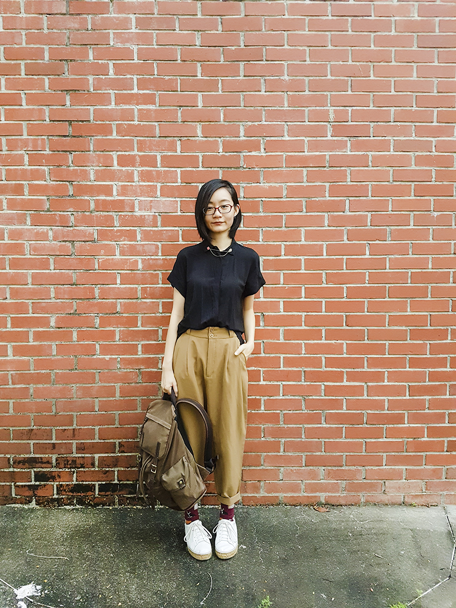 Work outfit: Mango flowy shirt, Dresslily sakura kitty collar pins, Firmoo glasses, GU pants, Fossil backpack, Taobao cat socks, Kurt Geiger Lovebug white leather sneakers.