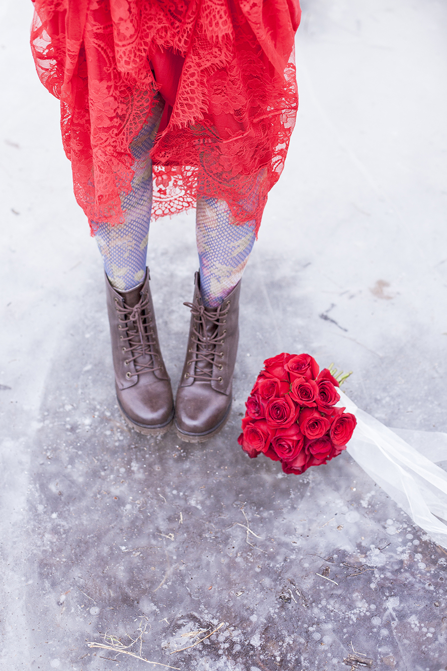 Banggood red lace mermaid dress, Urban Outfitters floral lace tights, Steve Madden boots, wedding bouquet of red roses.