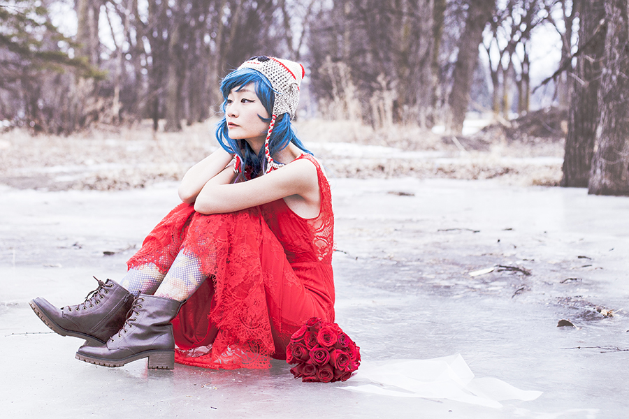 Sock puppet knit hat, Blue wig, Banggood red lace mermaid dress, Urban Outfitters floral lace tights, Steve Madden boots, wedding bouquet of red roses.