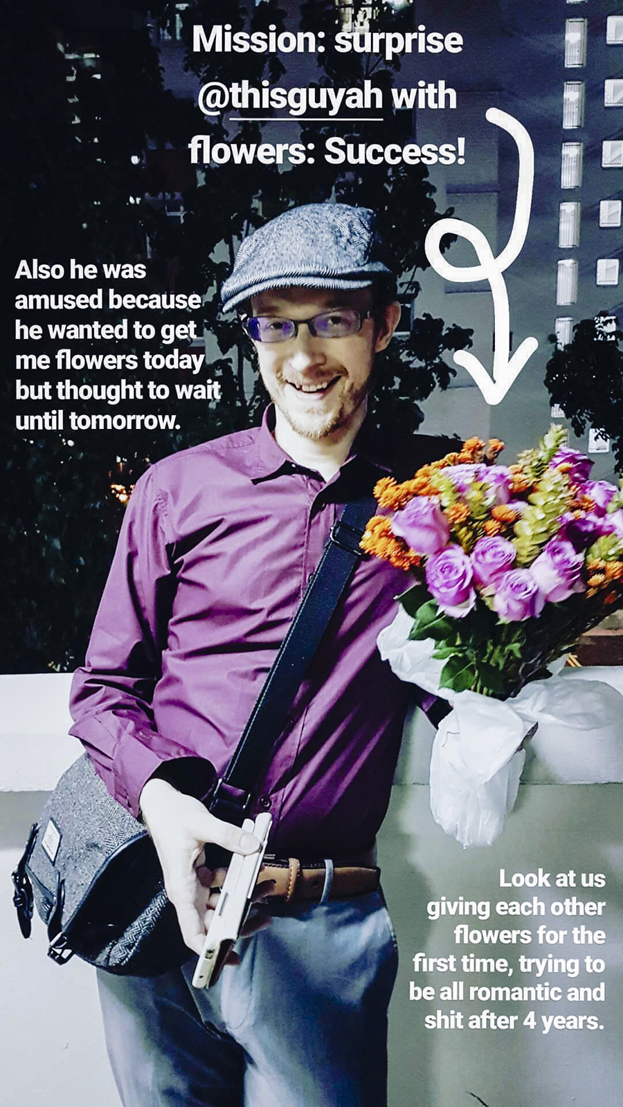 Instagram Story Pupuren of @thisguyah being surprised with a bouquet of colourful flowers.