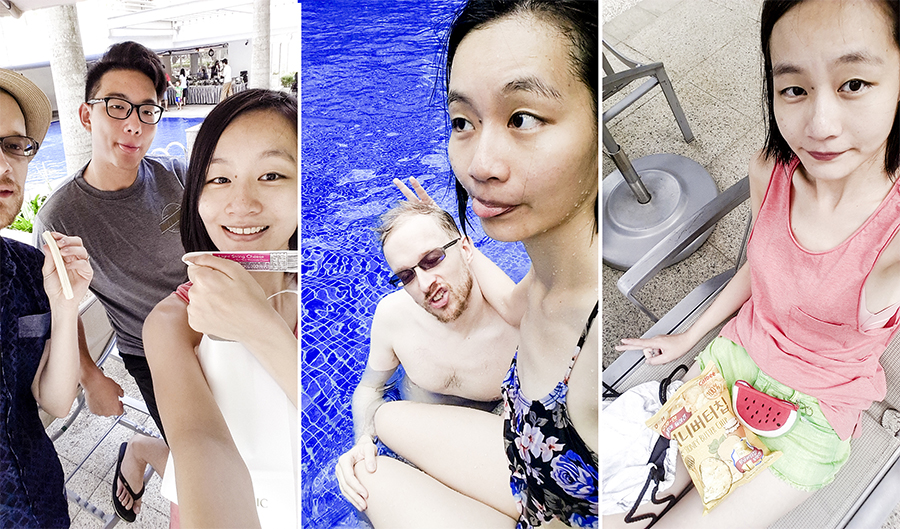 Spending new year swimming and taking selfies at a pool.