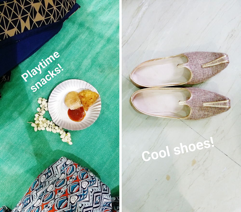 Snapshots at an Indian wedding: traditional playtime segment and the groom's swanky shoes.