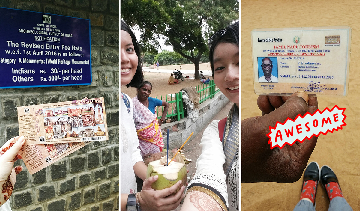 Snapchats in Chennai, India: Ticket to the World Heritage Sites, Drinking fresh coconut juice from a roadside stall, name card from our Mahabalipuram tour guide in Chennai, India.