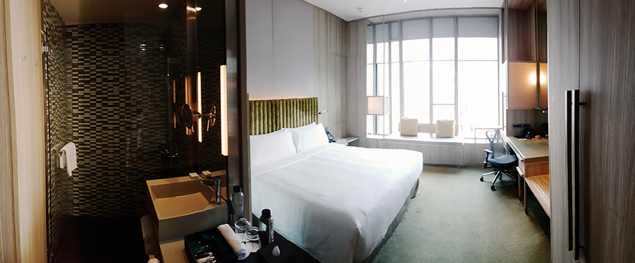 Panorama of Orchid Club Double Room on level 14 at hotel PARKROYAL on Pickering, Singapore.