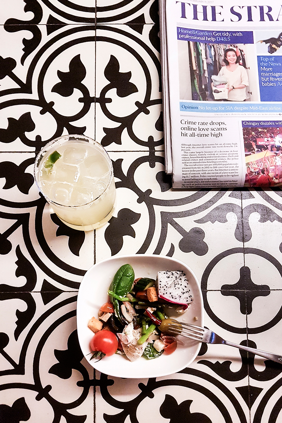 Salad, Margarita, and The Straits Times at the Orchid Club Lounge on level 16 at PARKROYAL on Pickering hotel, Singapore.