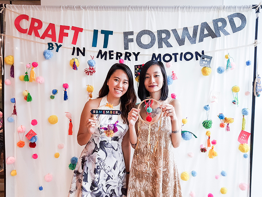 Jody and Ren with embroidery hoop mobile at In Merry Motion's Craft it Forward at PRESSPLAY 2017 Pop-Up Artisan Craft Party, library@orchard.