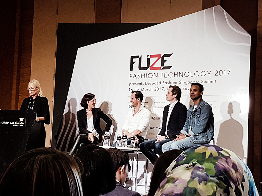 Panel discussion at FUZE2017 at Marina Bay Sands: Renee Lodens from Travelshopa, Parker Gundersen from Zalora, Benoi Lavaud from Bluebell, and Anil Srinivas from Levi Strauss & Co. Modersator Stacey Halliwell from ISB.