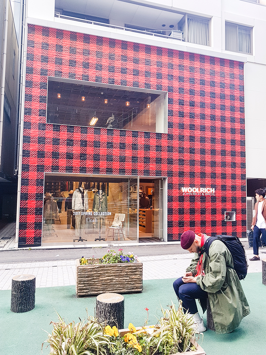 Woolrich building with a plaid facade in Harajuku Tokyo.