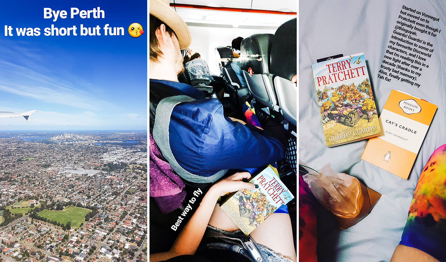 Instagram Stories collage: reading books while traveling home from Perth to Singapore.