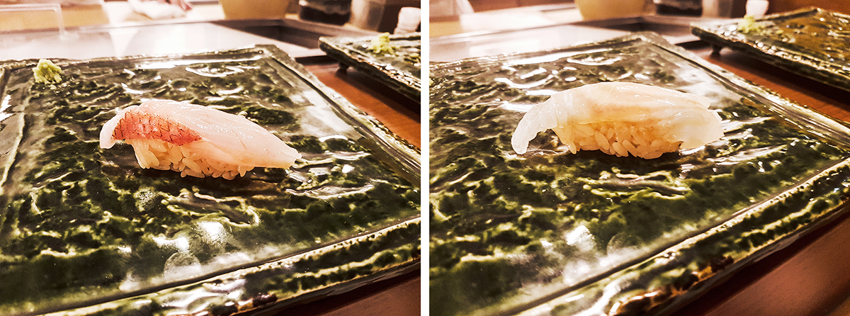 Red snapper Alfonsino sushi in Makoto Sushi. Seaweed flounder sushi with glazed with sake on top of konbu, topped with salt in Makoto Sushi.