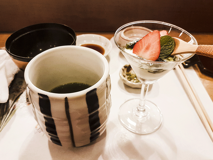 Vibrant green tea and yoghurt dessert in Makoto Sushi.