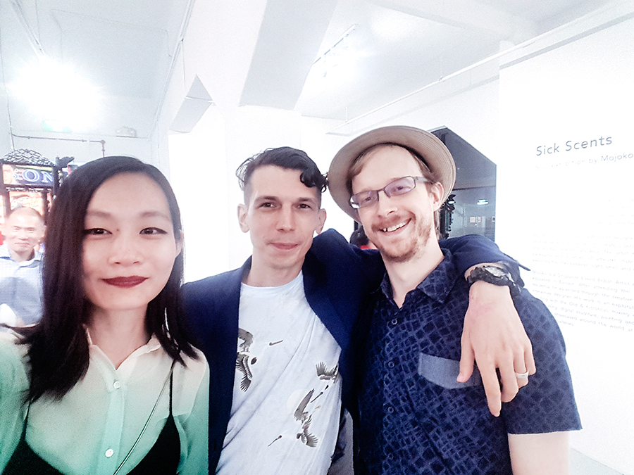 Chan + Hori Contemporary Mojoko 'Sick Scents' exhibition opening night: wefie with Bradley Foisset.