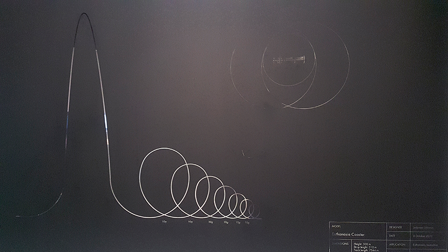 Technical drawing of the Euthanasia Coaster by Julijonas Urbonas at the HUMAN+ The Future of Our Species exhibition, ArtScience Museum Singapore.