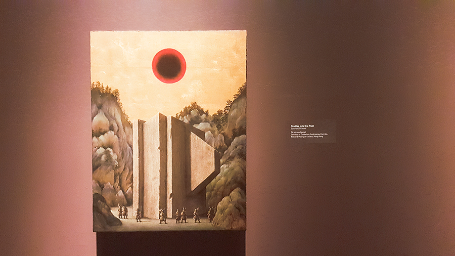 Studies into the Past by Laurent Grasso, Oil on Wood Panel, at the The Universe and Art: An Artistic Voyage Through Space exhibition, ArtScience Museum Singapore.