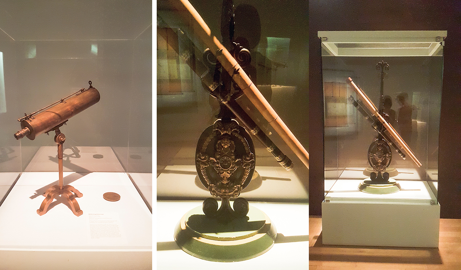 Replica of the Reflecting Telescope by Ikkansai Kunitomo and a replica of Galileo Galilei's telescope on display at the The Universe and Art: An Artistic Voyage Through Space exhibition, ArtScience Museum Singapore.