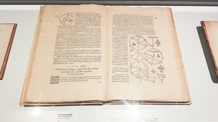 1609 first edition book of Astronomia Nova (The New Astronomy) by Johannes Kepler at the The Universe and Art: An Artistic Voyage Through Space exhibition, ArtScience Museum Singapore.