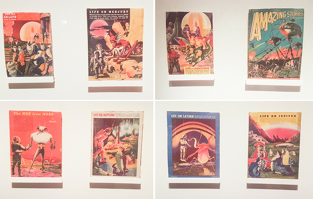 Sci-fi pulp fiction covers by Frank R. Paul at the The Universe and Art: An Artistic Voyage Through Space exhibition, ArtScience Museum Singapore.
