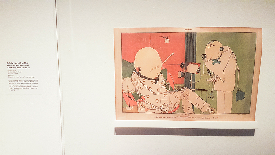 An Interview with an Alien Professor Who Has a Good Knowledge about the Earth, illustrated by Paul Iribe in 1918 at the The Universe and Art: An Artistic Voyage Through Space exhibition, ArtScience Museum Singapore.