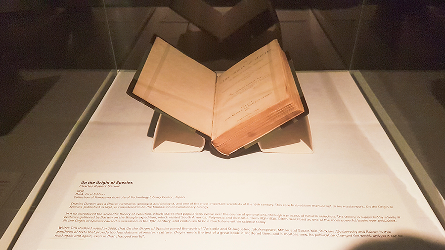 1859 first edition of Charles Darwin's On the Origin of Species at the The Universe and Art: An Artistic Voyage Through Space exhibition, ArtScience Museum Singapore.
