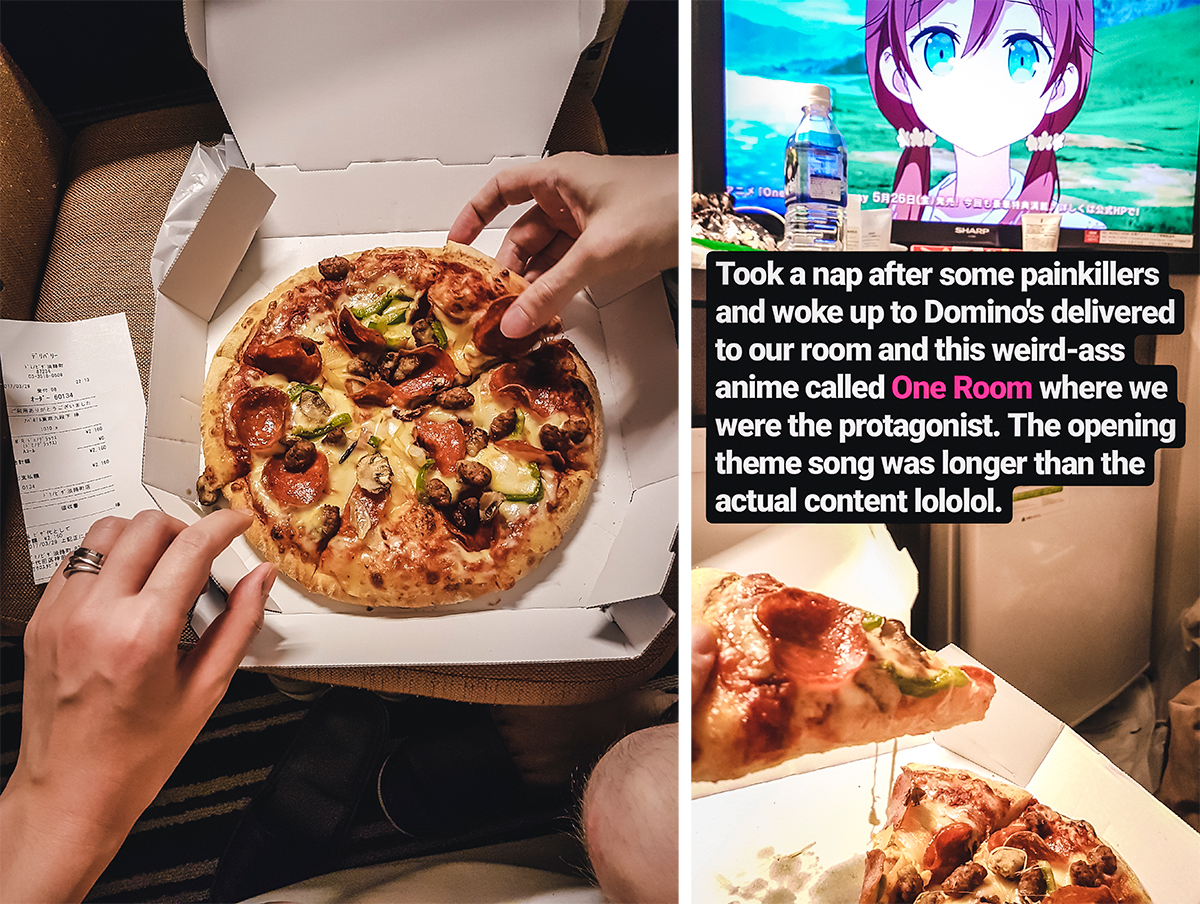 Spring in Tokyo: Domino's pizza delivery and One Room anime.