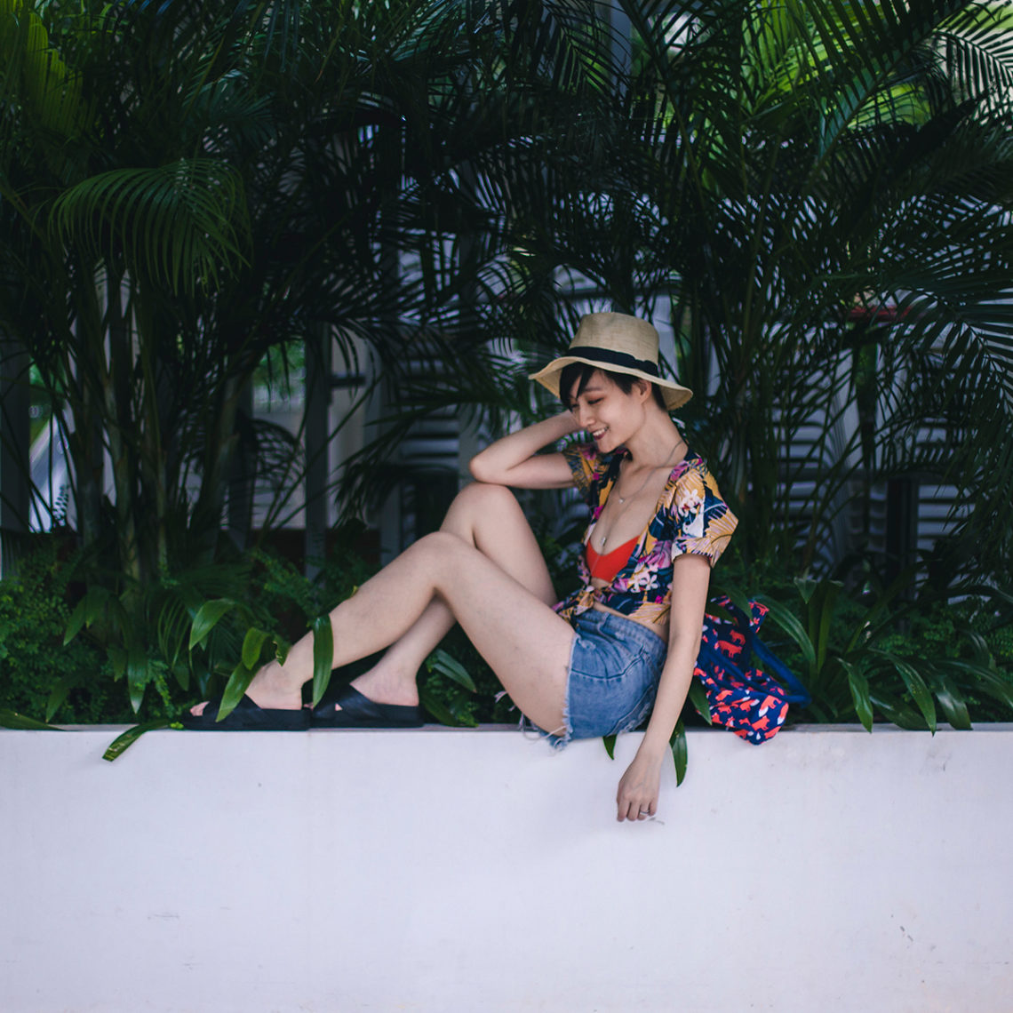 Zaful swim wrap kimono outfit, Billabong Love Myself Bralette Bikini Top, Aldo Cocia Necklace, CNDirect distressed denim shorts, Uniqlo UV straw hat, Melissa Hotness Platform Sandals.