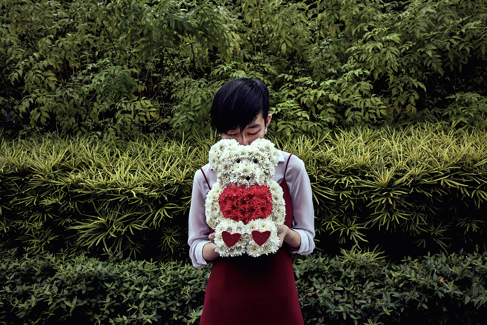 Outfit ft. M)phosis blouse, Something Borrowed dress, Dandelion Japanese Style Flower Pearl Earrings, Mr. Crush Teddy Bear Bouquet from Little Flower Hut.