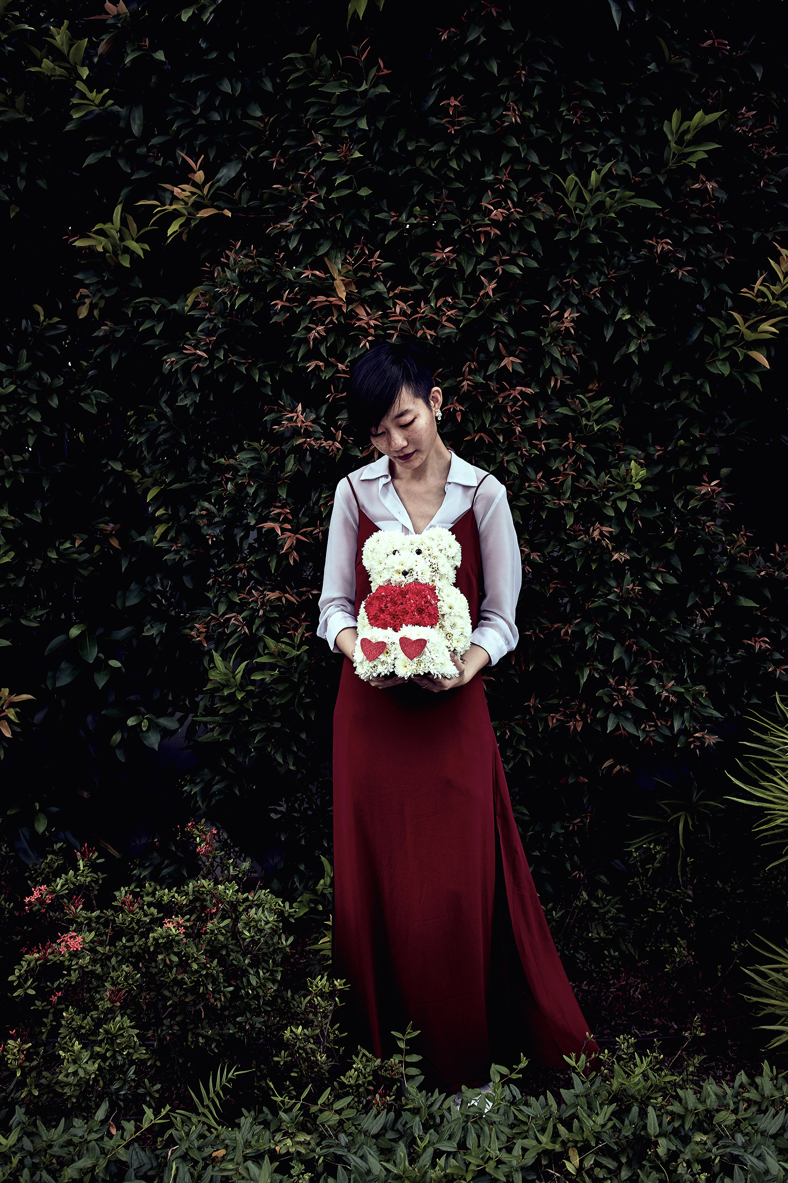 Outfit ft. M)phosis blouse, Something Borrowed dress, Dandelion Japanese Style Flower Pearl Earrings, Mr. Crush Teddy Bear Bouquet from Little Flower Hut.