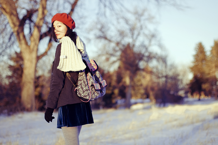 Outfit photoshoot | The Red Beret: Cotton On blue velvet dress, Doll house grey jacket, gifted River Island panda hood scarf, Parkhurst red beret, Uniqlo HEATTECH grey knit tights, Fila black men's boots, T-shirt & Jeans geometric printed knapsack.