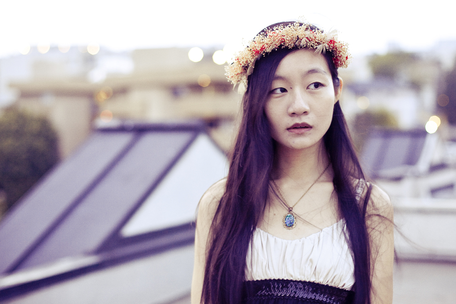 Romantic rooftop photoshoot. Outfit details: Sweet Storm champagne chiffon dress, Simply Willow brilliant green opal necklace via Etsy, Dr Martens classic 8-eye white Air Wair boots, Garlands and Gardens handmade dried flower wreath, Tasha gold-studded blue shawl.