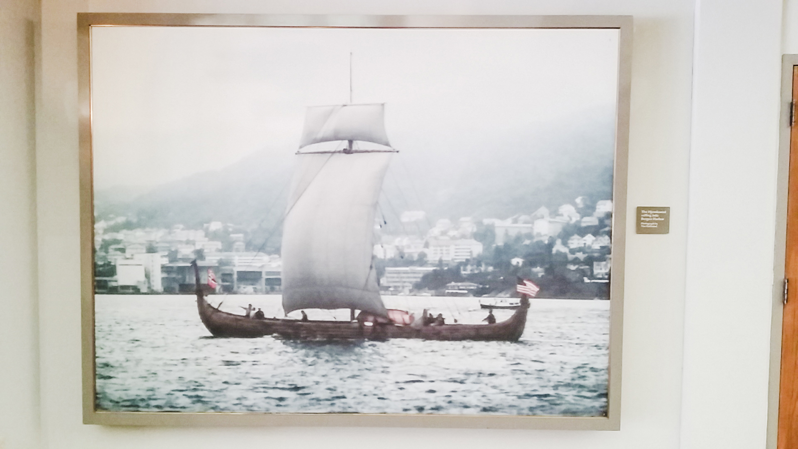 Photograph of the Hjemkomst on the waters in a museum in Moorhead, Minnesota.